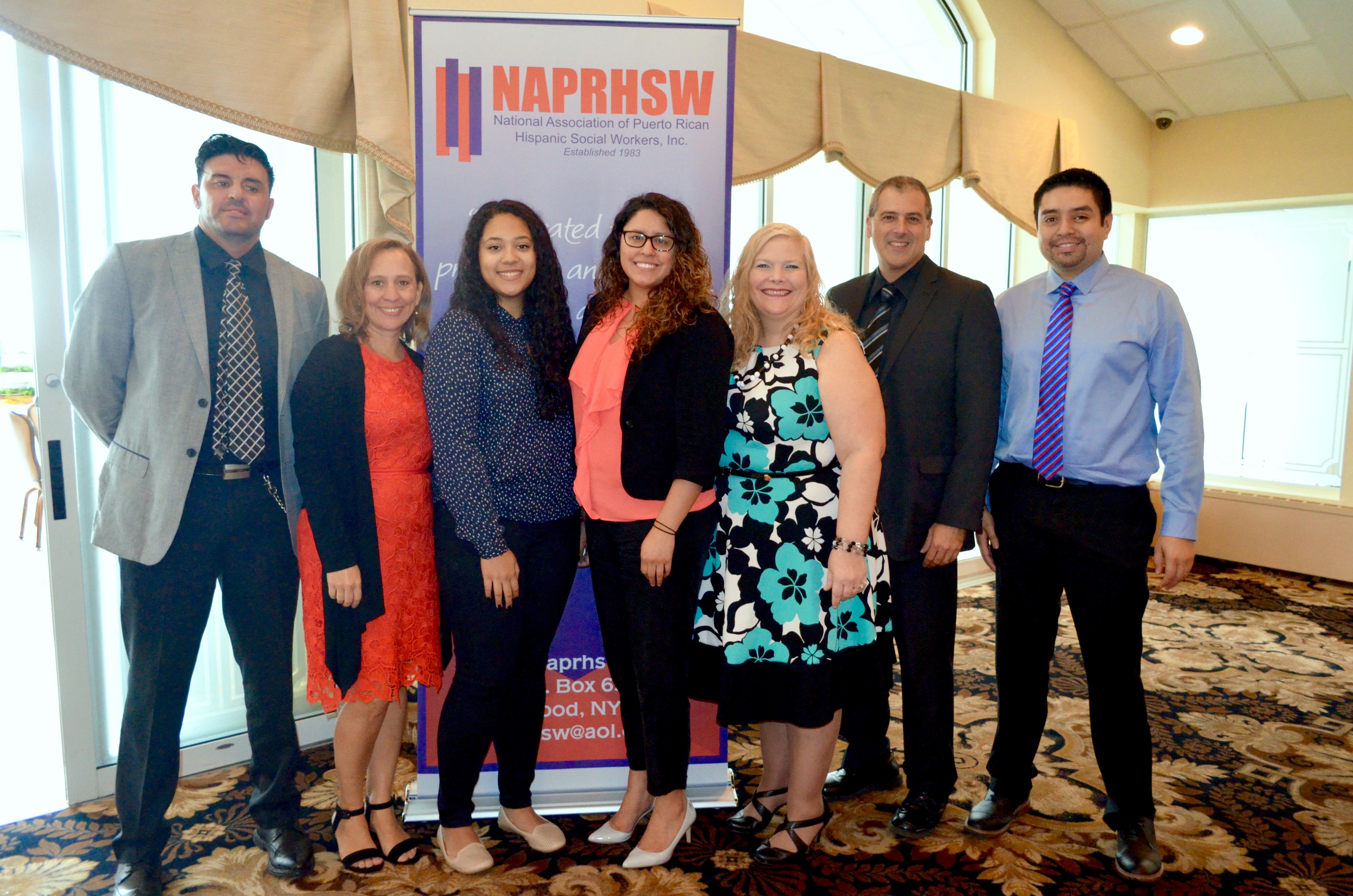 (Pictured from left) Guillermo Sandoval, MSW (2016), Professor Anna Hayward-Everson, Yohelis Ortiz, BSW student; Mayra Mera, MSW student, Professor Suzanne Velazquez, Professor Stephen Rabeno, Fernando Beltran, MSW student